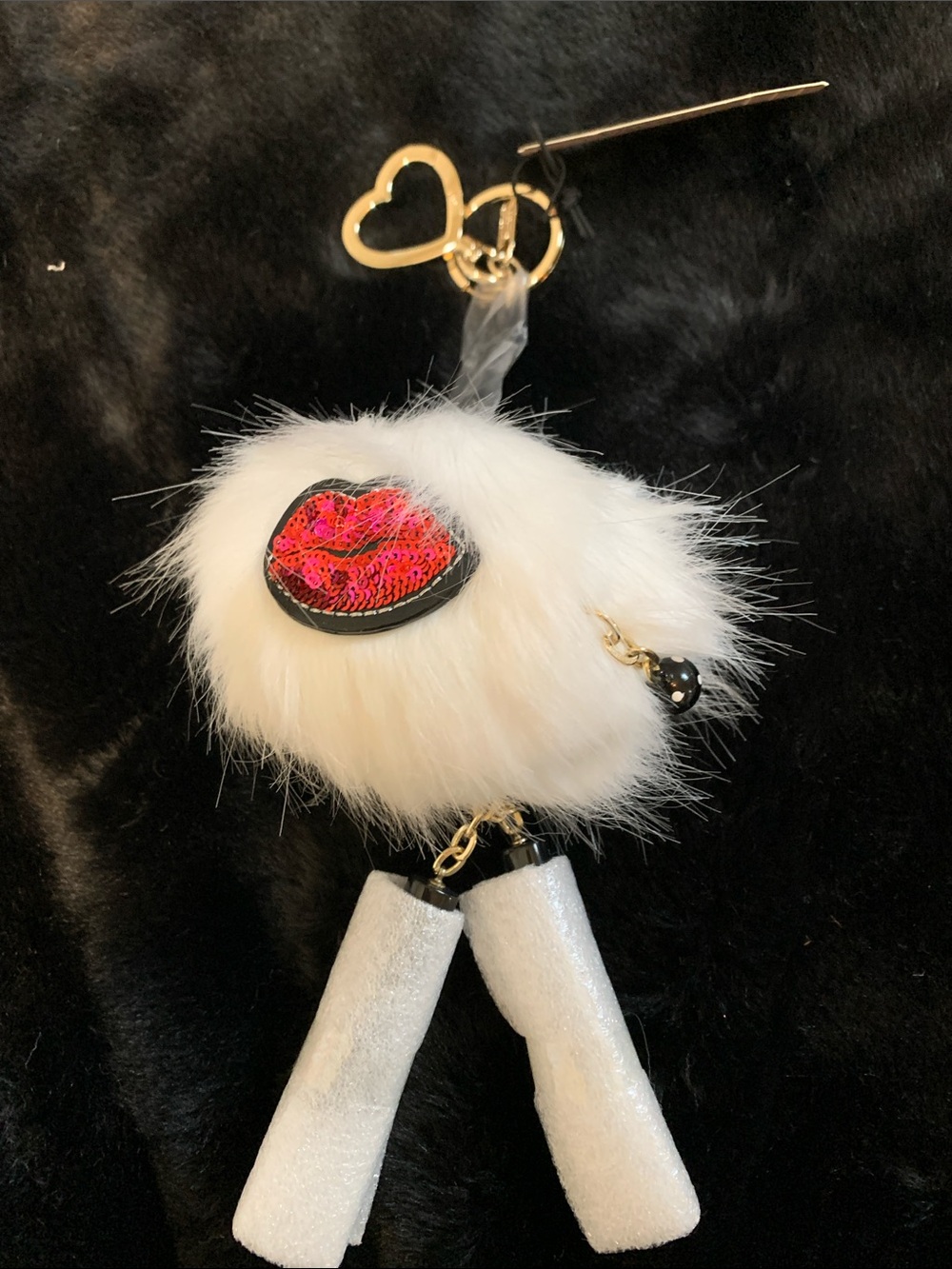 Victoria's Secret White Faux Fur Pom Pom Keychain with Red Sequin Lip Accent